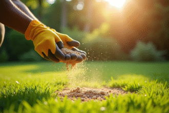 Jardinier en gants répartissant granules de mousse sur la pelouse