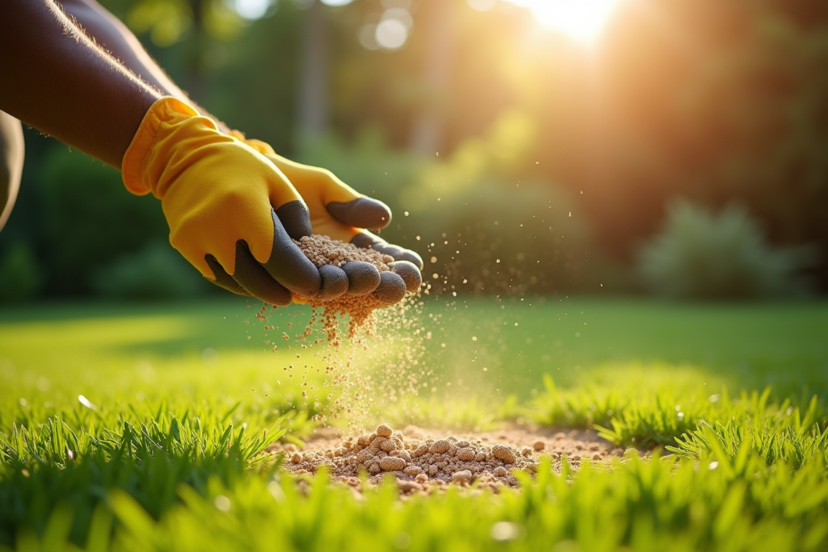 Jardinier en gants répartissant granules de mousse sur la pelouse