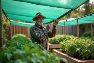 Homme âgé attachant une toile d'ombre sur ses tomates dans un jardin