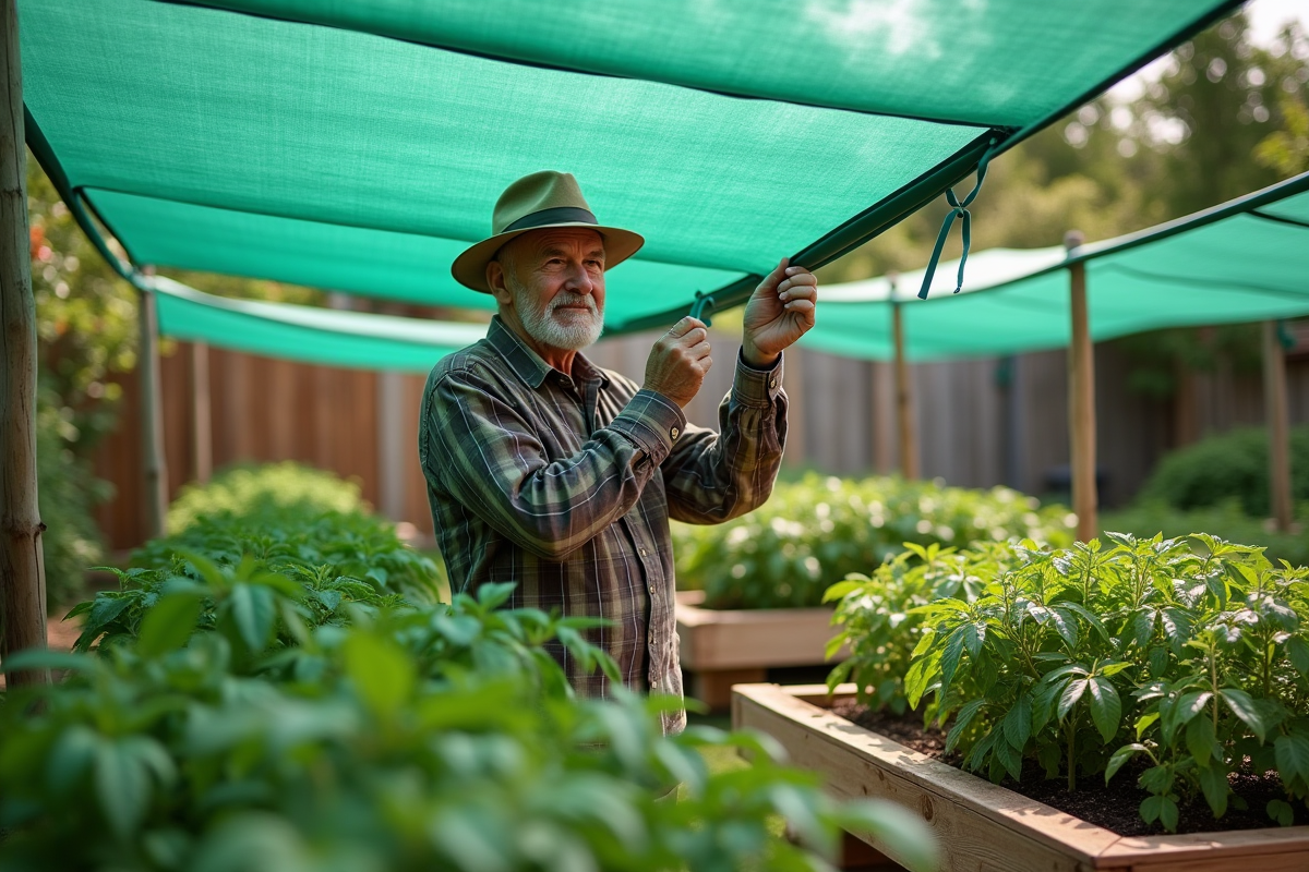 Homme âgé attachant une toile d'ombre sur ses tomates dans un jardin