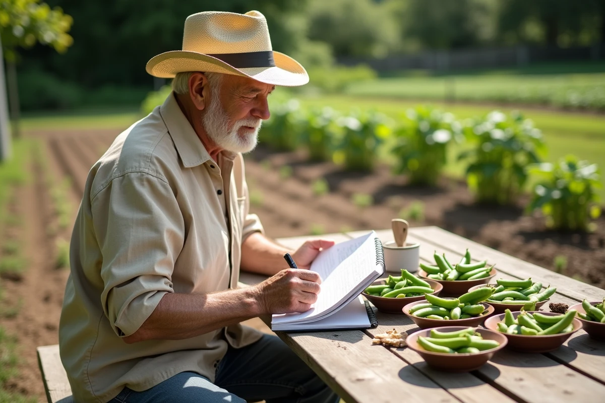 Homme âgé étudiant des variétés de haricots dans un jardin rural