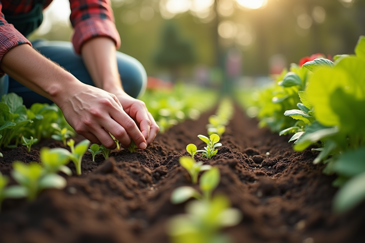 Jardinier semant des graines dans un lit de jardin au printemps
