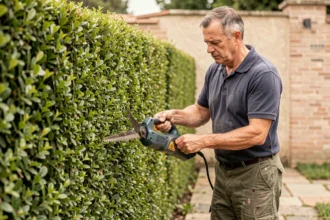 Jardinier professionnel en train de tailler une haie de buis avec une taille-haie électrique dans un jardin résidentiel