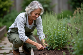 Femme taillant un thym dans son jardin avec des ciseaux