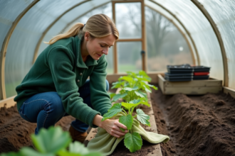 Femme en vert entourant une plante de concombre dans une serre
