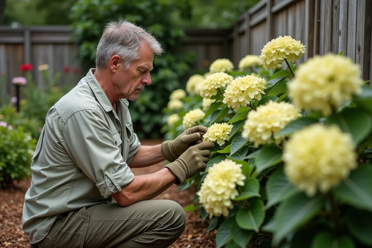 Jardinière examinant un hortensia aux feuilles jaunes dans un jardin de banlieue en fin d'été