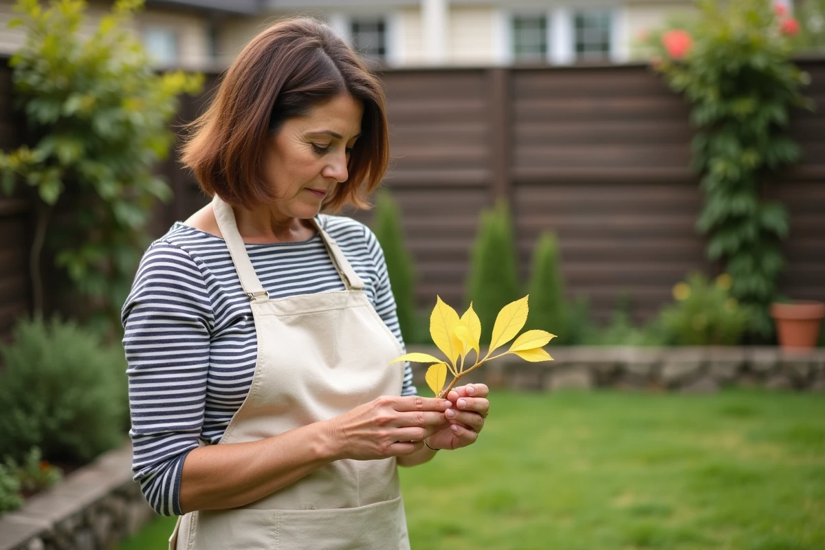 Jardinière inspectant les feuilles jaunes d'un laurier rose dans un jardin au printemps