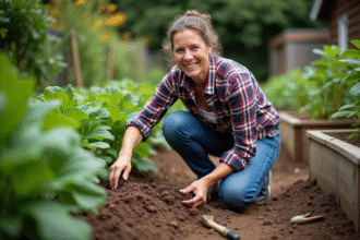 Femme jardiniere appliquant du mulch dans un jardin verdoyant