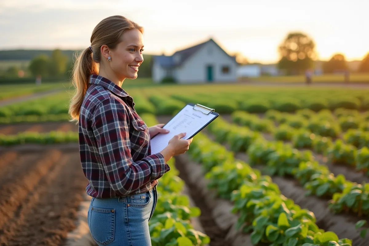 Jeune agronome souriante observant un patchwork de cultures