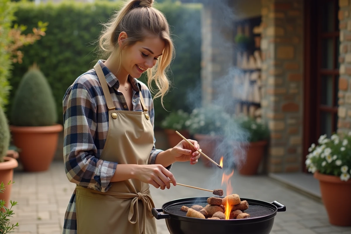 Jeune femme allumant un barbecue avec un long allumette dans un patio rustique