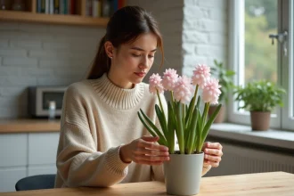 Jeune femme examinant une hyacinth dans un appartement lumineux