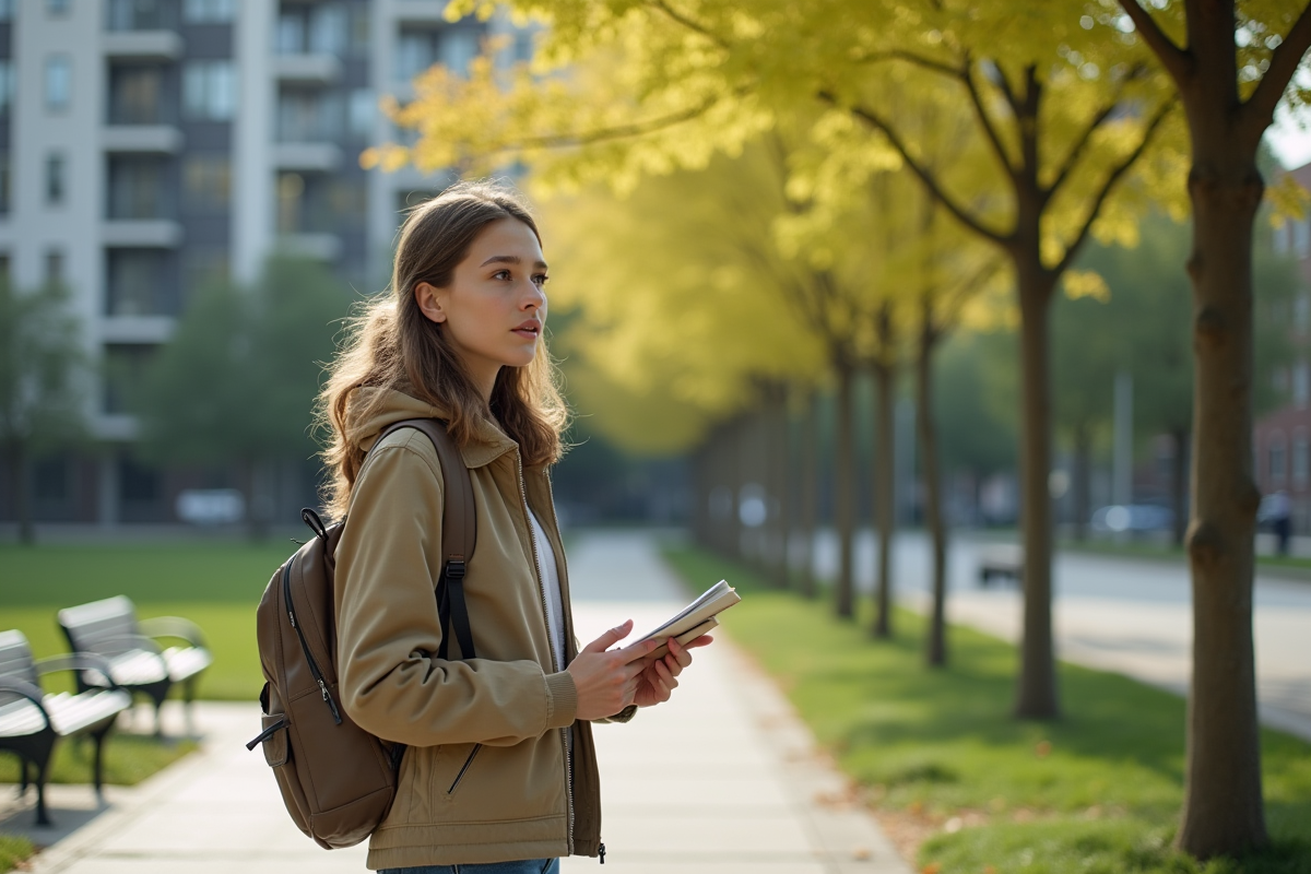 Jeune femme pointant des peupliers dans un parc urbain