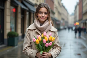 Jeune femme avec tulips roses et jaunes en extérieur