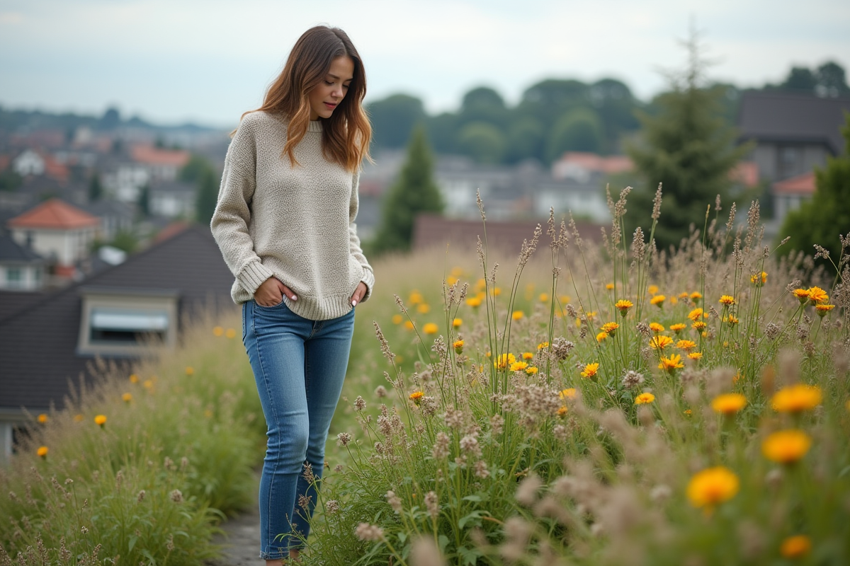 Jeune femme inspectant des plantes sur un toit écologique