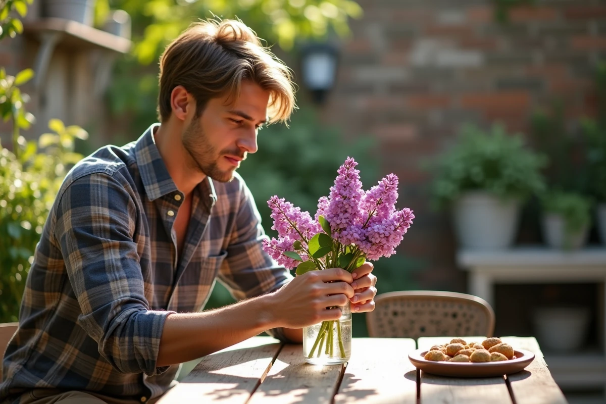 Jeune homme plaçant des tiges de lilas dans un vase