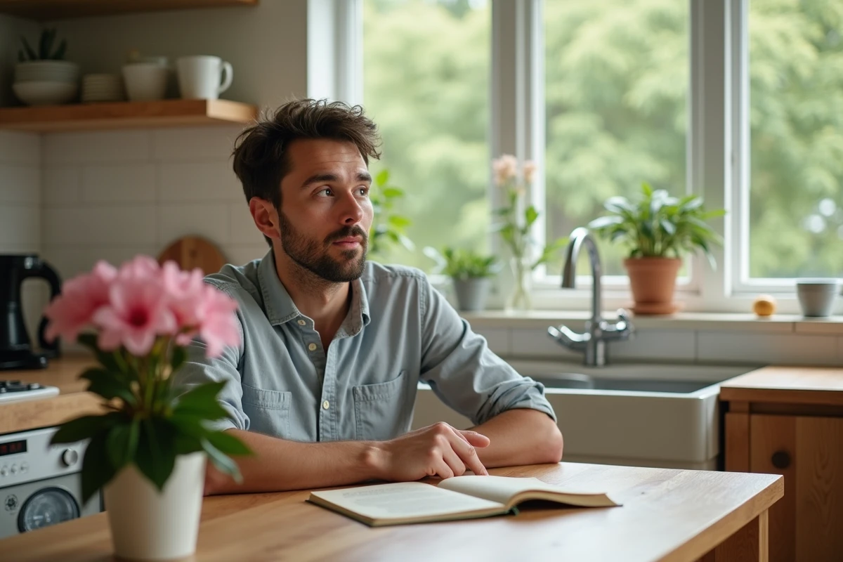 Jeune homme lisant manuel d azalee dans la cuisine