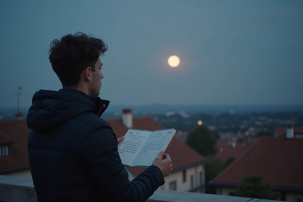 Jeune homme regardant le ciel avec calendrier lunaire