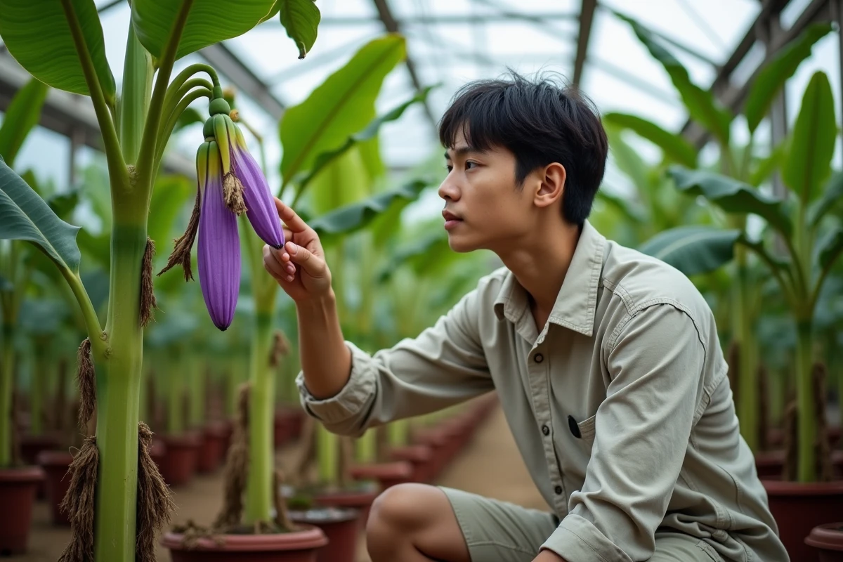 Jeune homme pointant une fleur de bananier dans serre