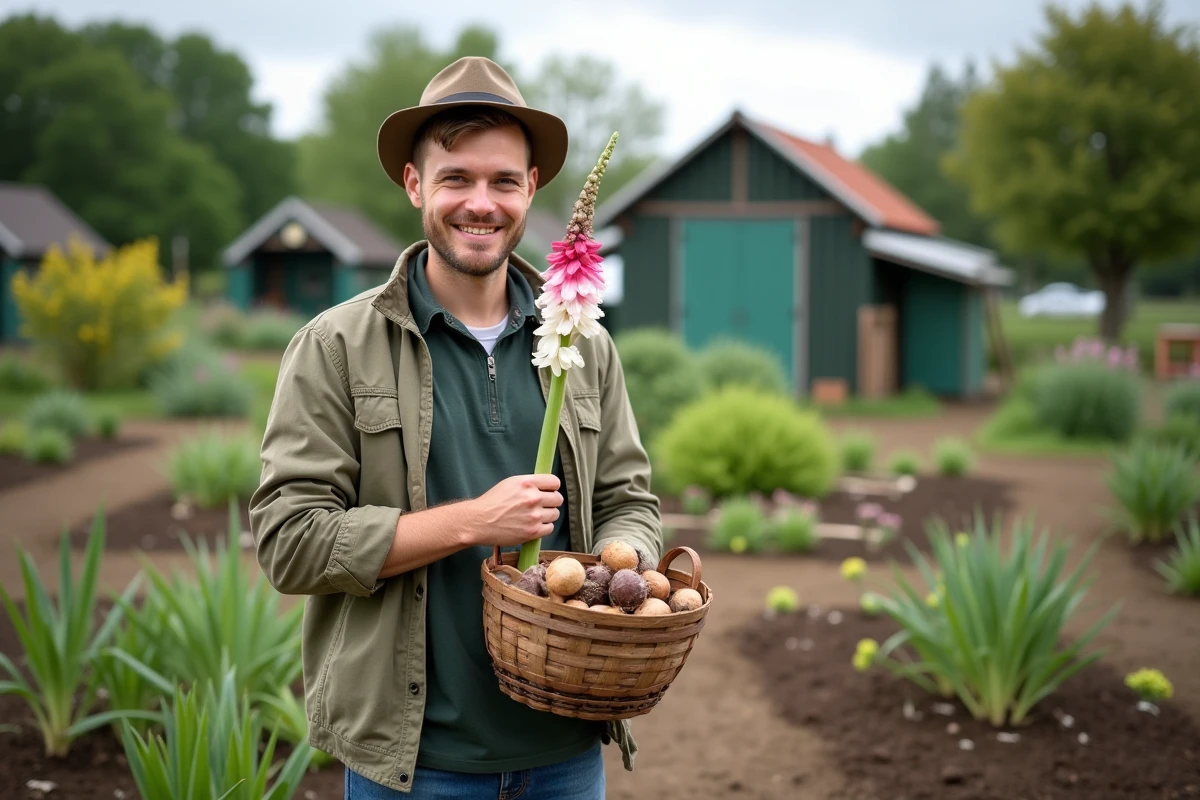 Jeune homme montrant un bulbe de gladiolus dans un jardin