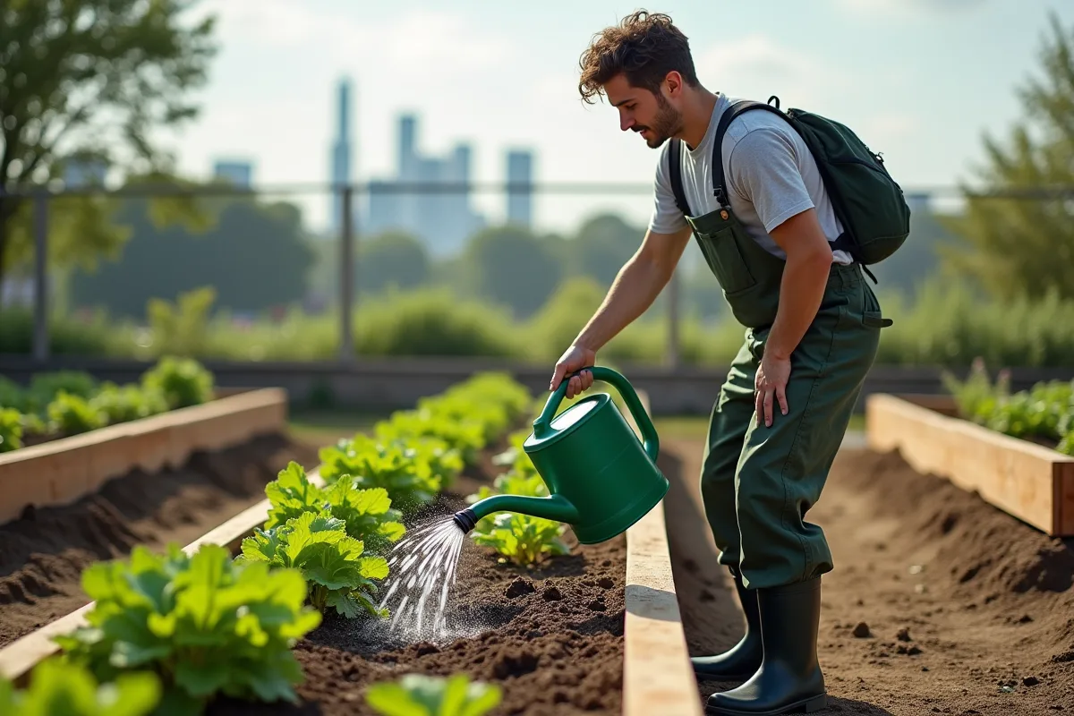 Jeune homme arrosant des jeunes plants dans un jardin communautaire