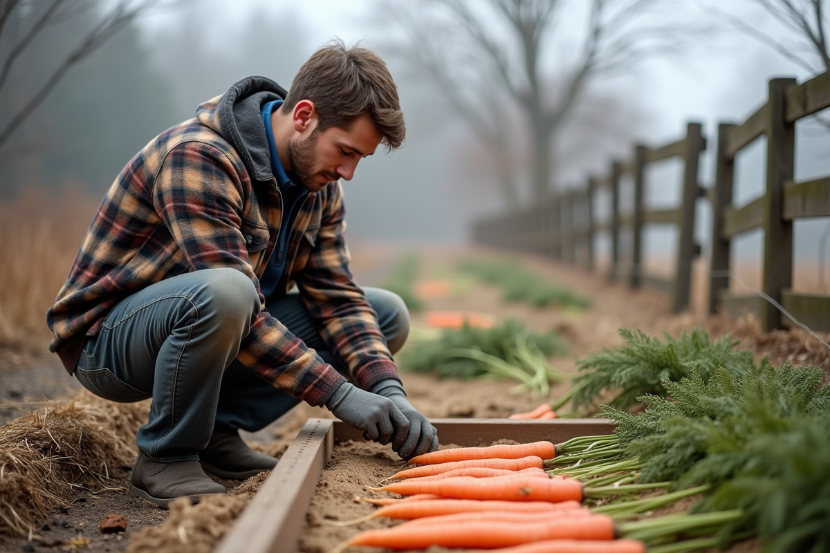 Jeune homme inspectant des carottes dans un jardin d