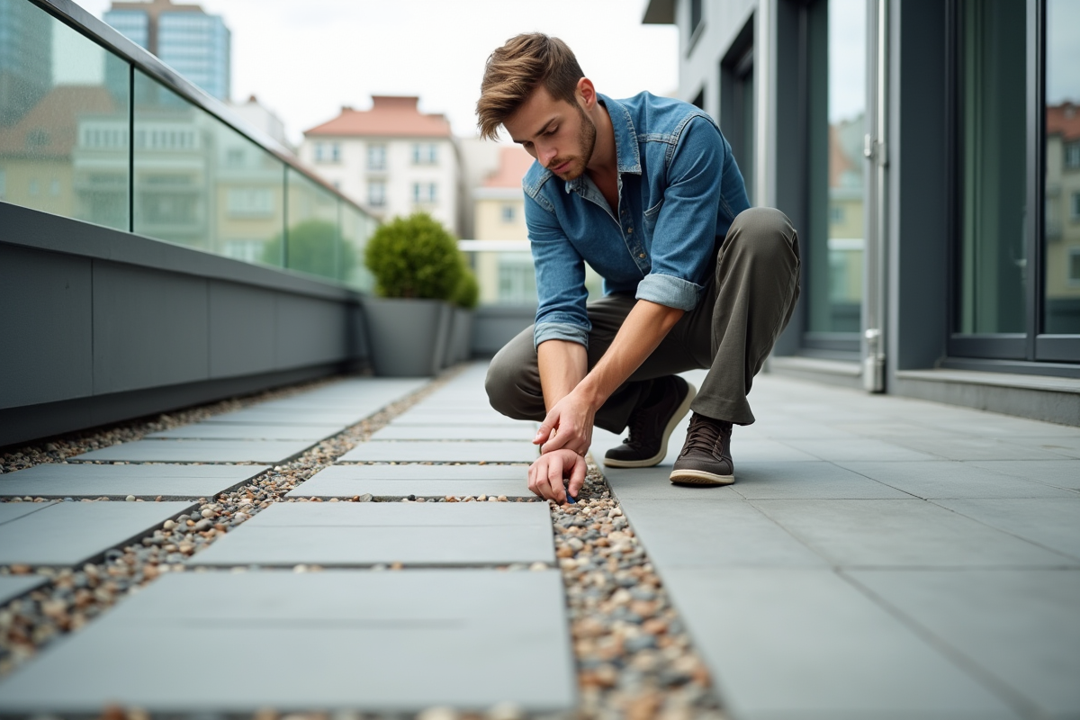 Jeune homme arrangeant des galets sur une terrasse urbaine