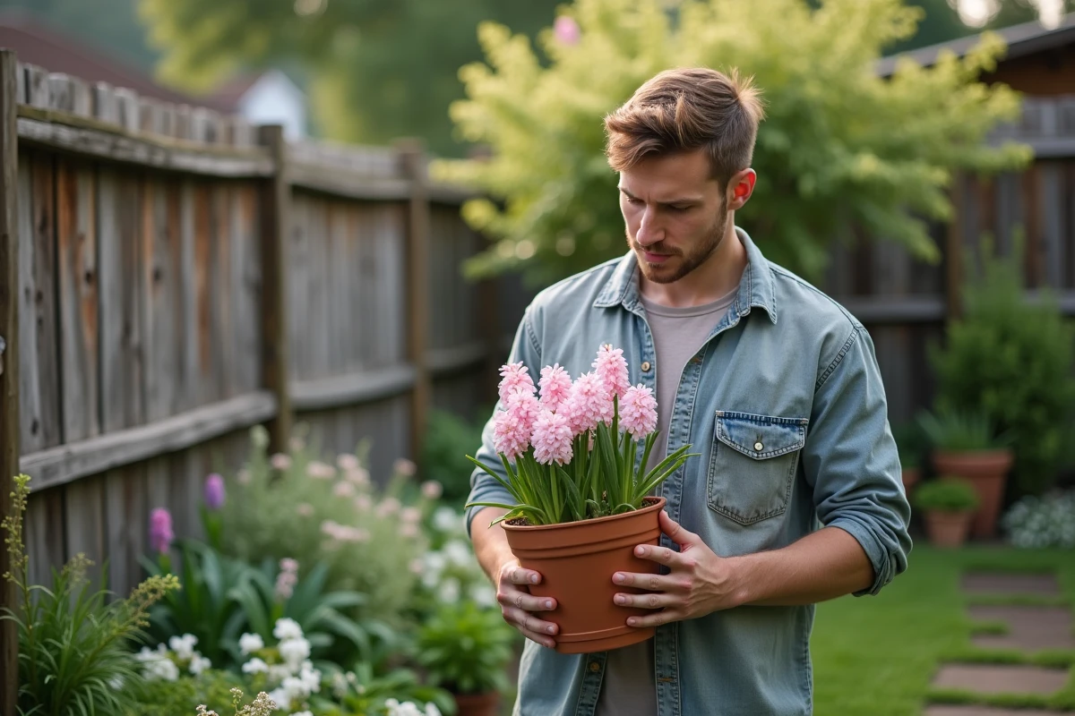 Jeune homme tenant un pot de hyacinthes en fleurs