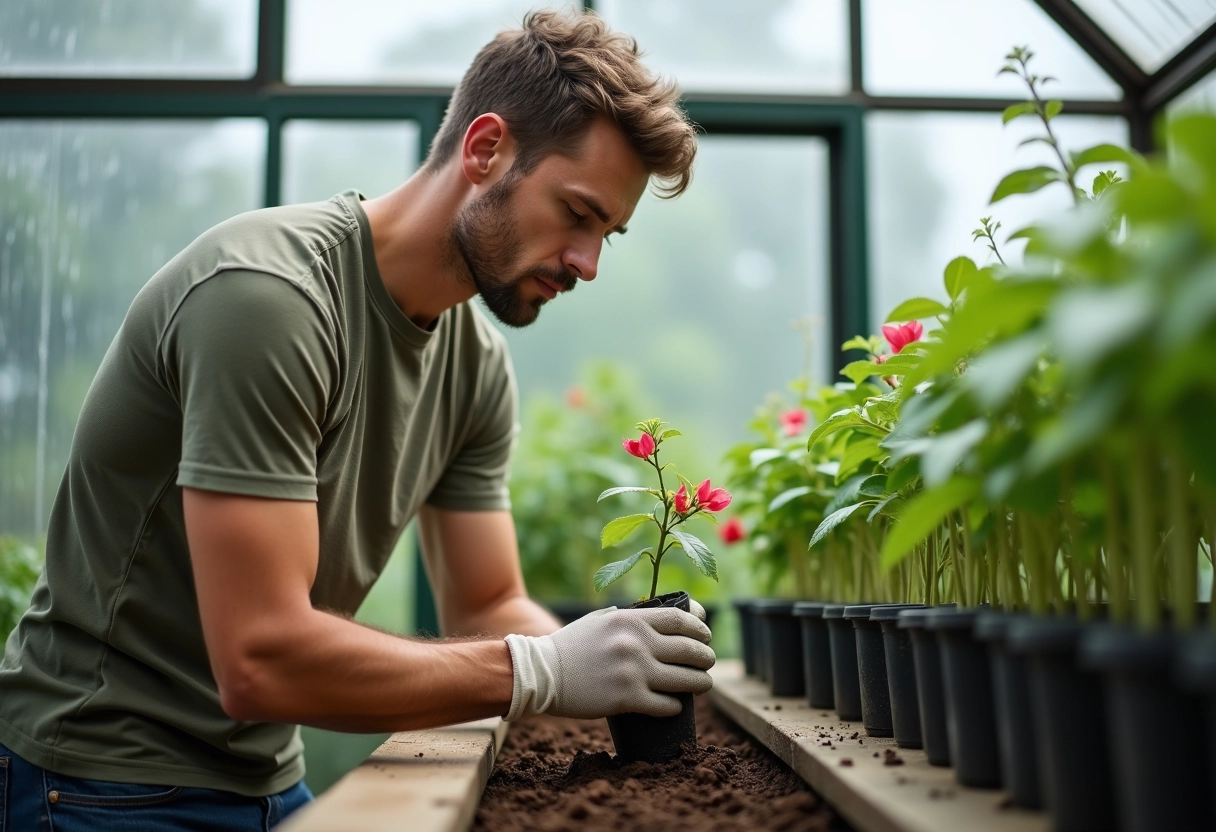 Jeune homme plantant une tige de bougainvillea en serre