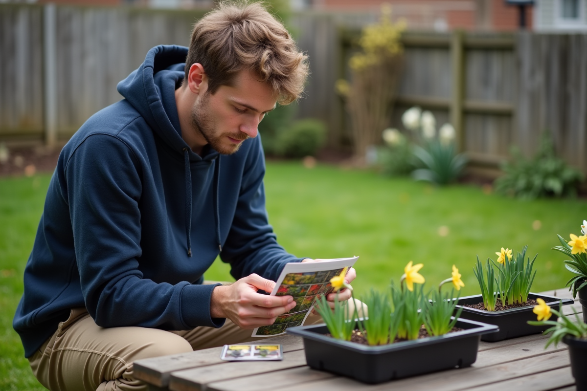 Jeune homme inspectant des jeunes plants de fleurs sur une table