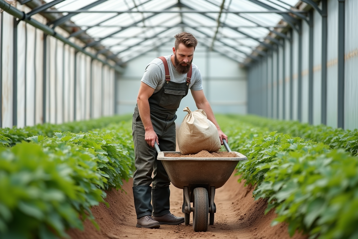 Jeune homme dans la serre versant du compost