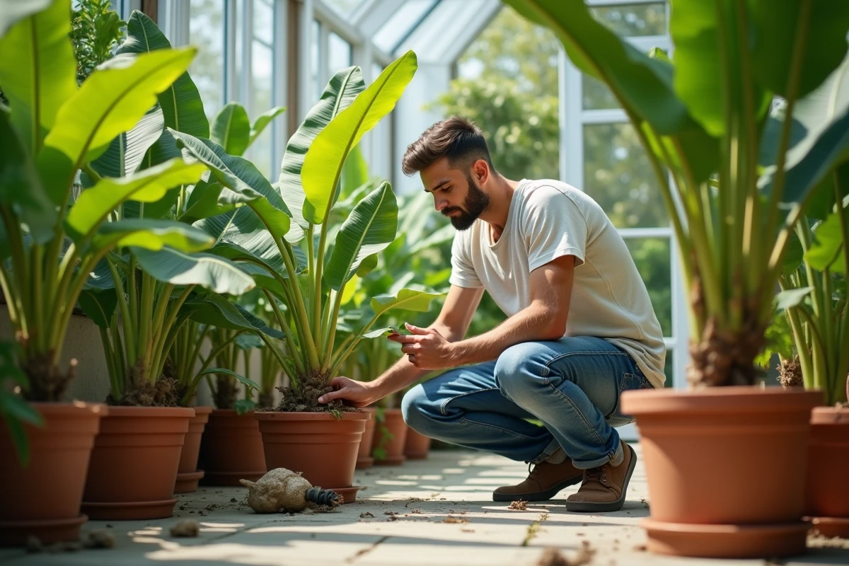 Jeune homme inspectant un bananier dans une serre lumineuse