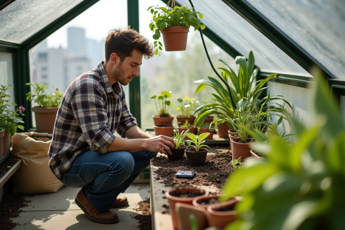 Jeune homme transplantant semis sur balcon ensoleille