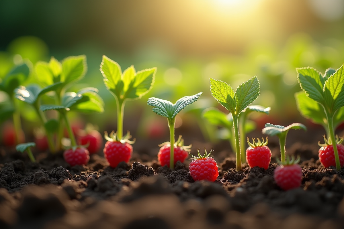 Jeunes plants de framboise plantés dans la terre en plein soleil