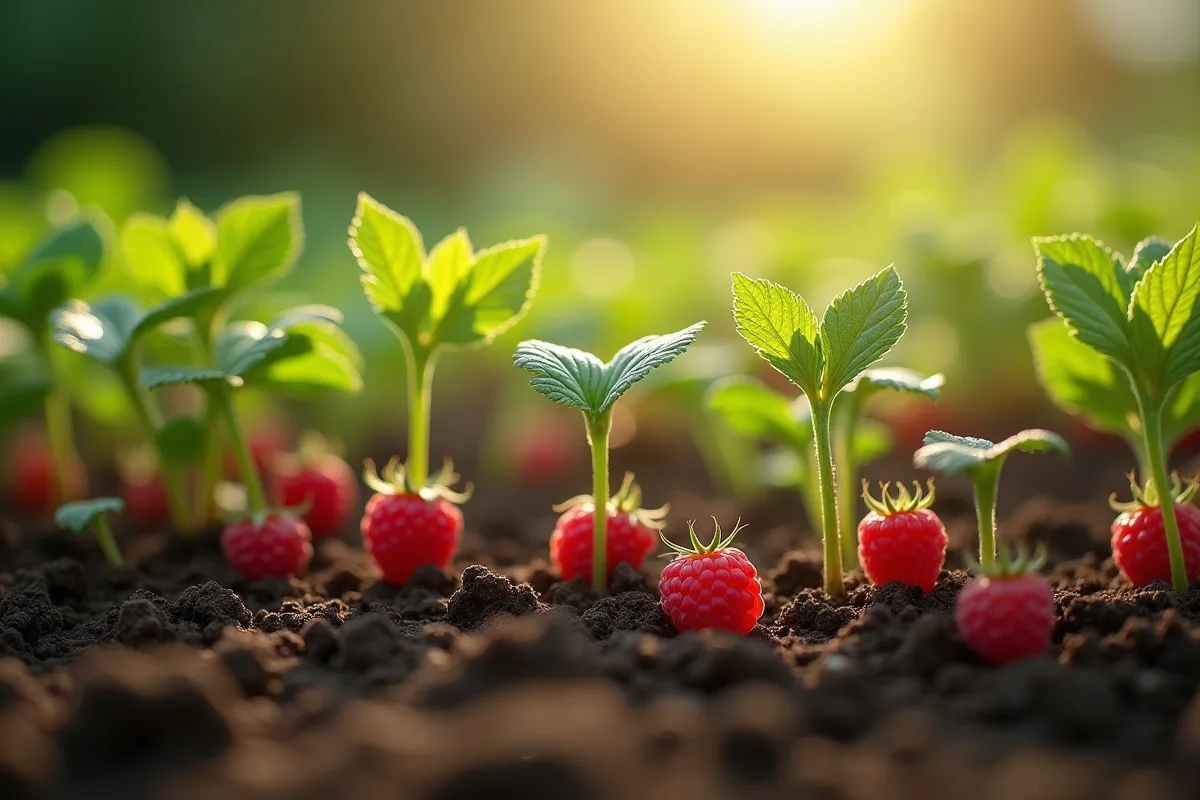 Jeunes plants de framboise plantés dans la terre en plein soleil