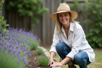 Femme souriante en jardinage avec lavande et chapeau