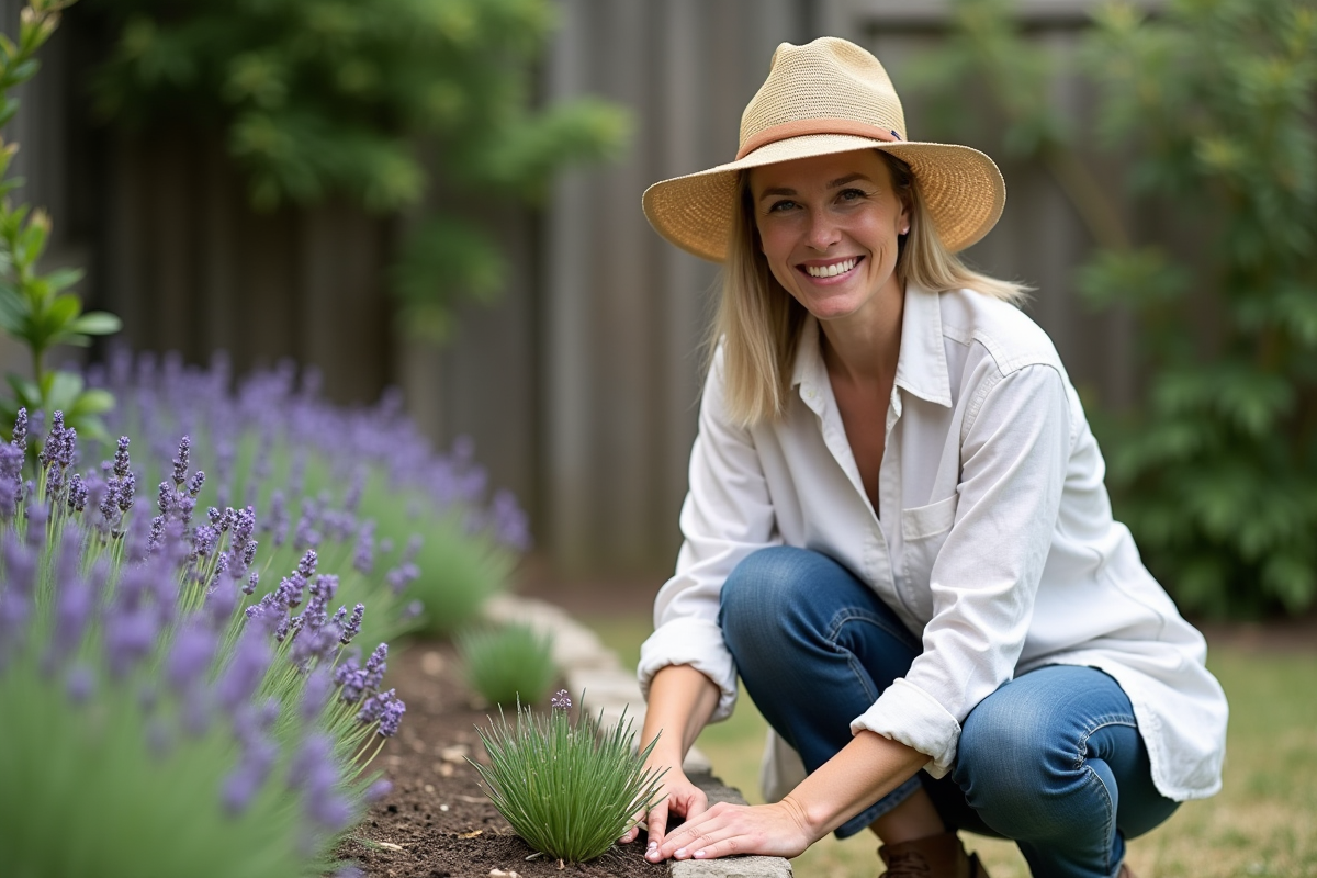 Femme souriante en jardinage avec lavande et chapeau