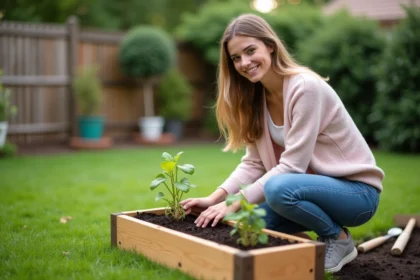Jeune femme plantant des semis dans un jardin en extérieur