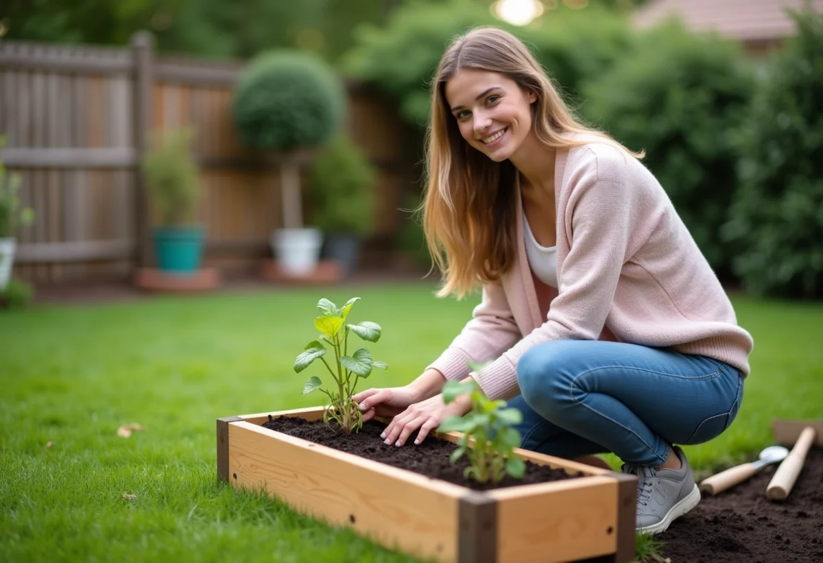 Jeune femme plantant des semis dans un jardin en extérieur