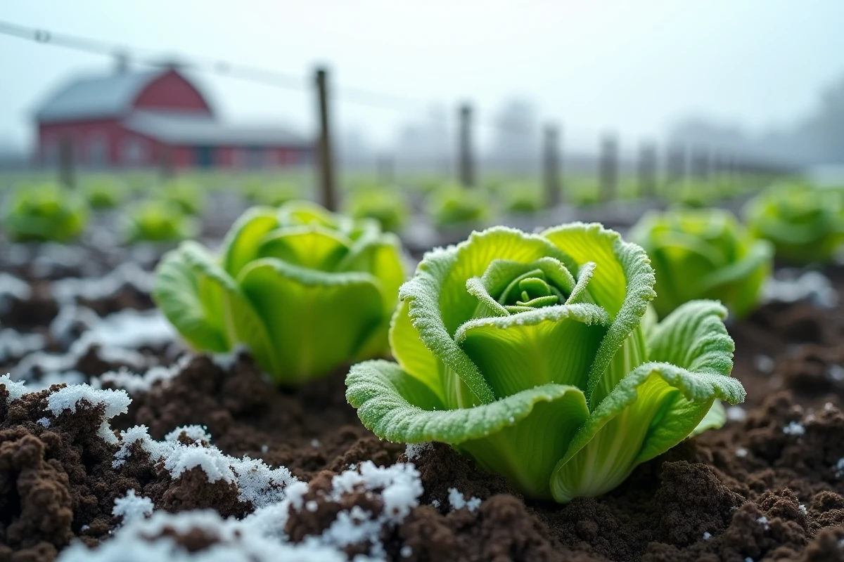 Laitues vertes sortant du sol gelé en campagne
