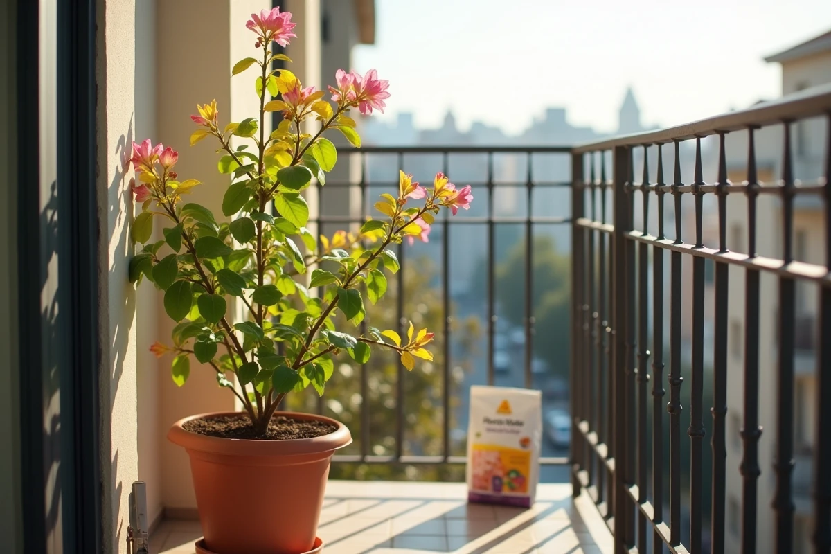 Laurier rose en pot sur balcon avec feuilles jaunes et bourgeons roses au printemps