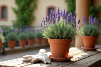 Pot de lavande en fleurs sur une table en bois, plante naturelle répulsive contre les mouches pour balcon ou terrasse