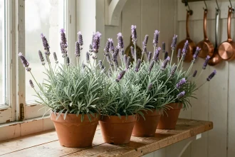 Pots de lavande en fleurs sur un rebord de fenêtre en bois rustique pour repousser les mouches naturellement