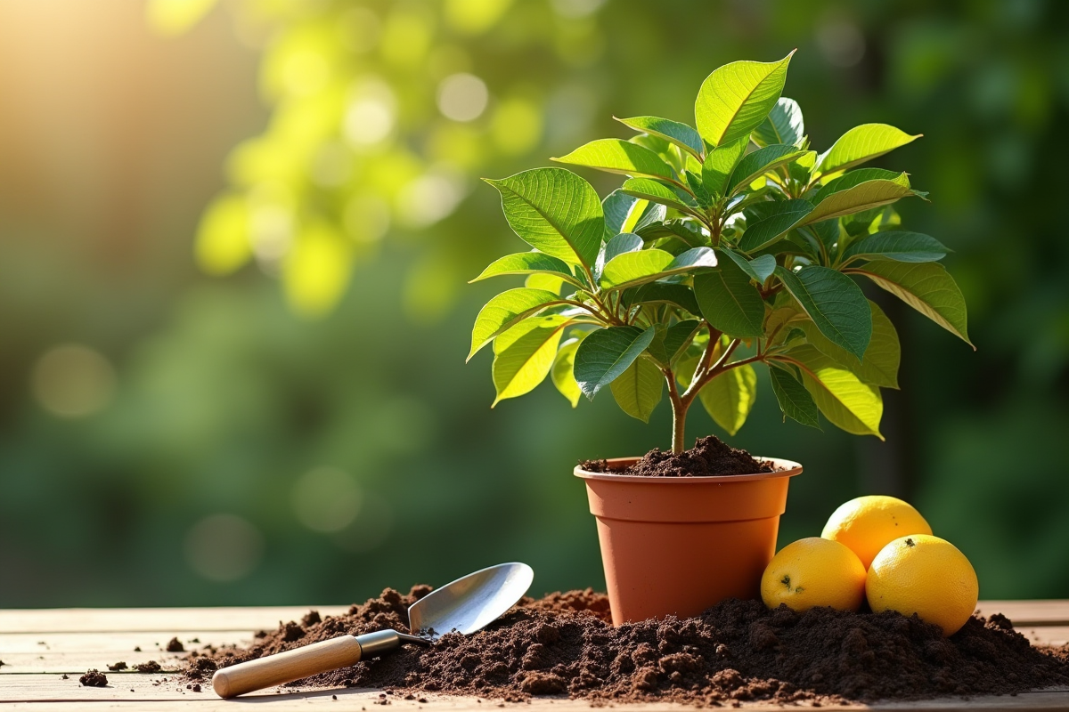 Limonier récemment repoté sur une table en bois en extérieur