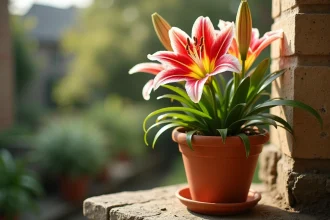 Lys oriental en pot de terre cuite posé sur un balcon en pierre exposé au soleil, avec des fleurs éclatantes aux pétales rouge et blanc