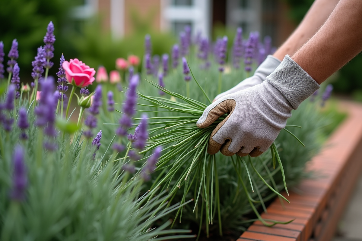 Mains gantées tenant tige de lavande en jardin
