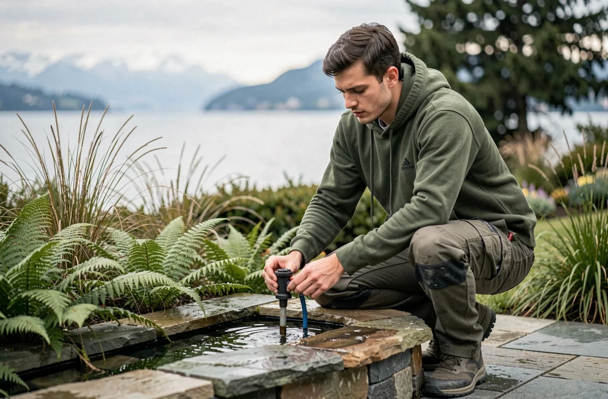 Marin Paysagiste installant un point d'eau en pierre naturelle dans un jardin résidentiel avec vue sur le lac Léman