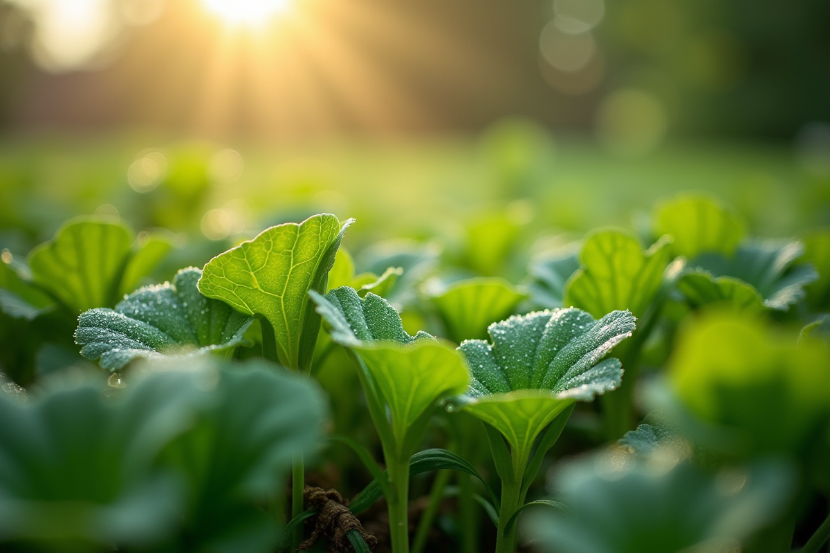 Gros plan de mauvaises herbes entre légumes au matin