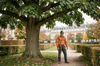 Élagueur professionnel en tenue de sécurité devant un grand chêne dans un parc d'Île-de-France avec des bâtiments haussmanniens en arrière-plan