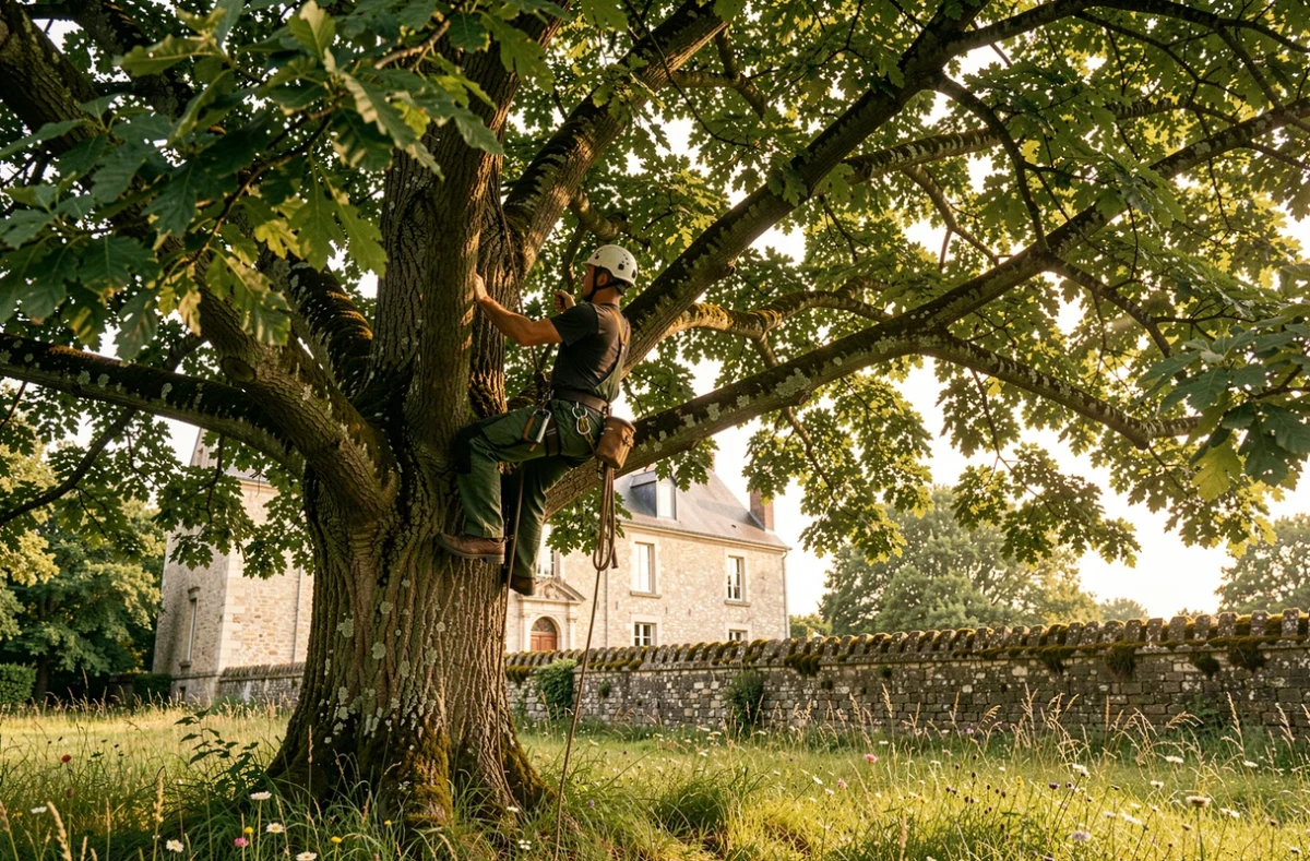 Élagueur grimpeur de Meta Paysage dans un grand châtaignier sur un domaine semi-rural d'Île-de-France avec manoir en pierre en arrière-plan
