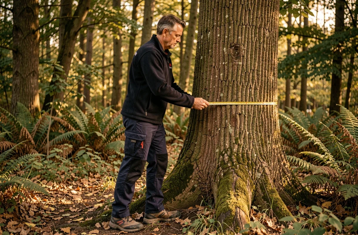 Architecte paysagiste de MKD Paysages mesurant le diamètre d'un chêne en lisière de forêt dans le Val-de-Marne entouré de feuilles d'automne